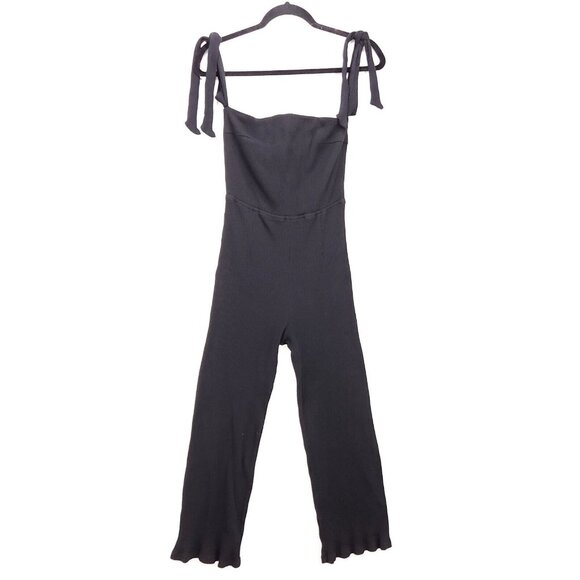 NBD Revolve Eden Jumpsuit Shoulder Tie Straps Ribbed Black Small Crop Straight - Picture 4 of 13